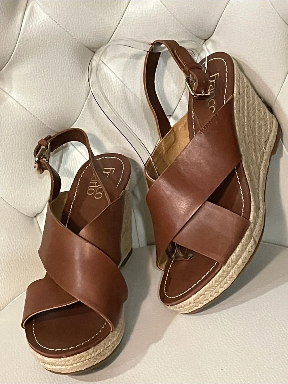 Franco Sarto Tan Brown Leather Sandals Espadrille Wedges Size 8.5